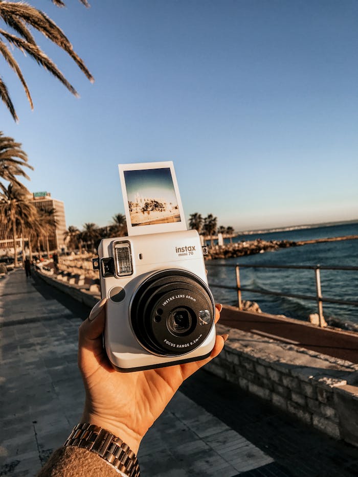 Close-up of a hand holding an Instax camera with seaside view and palm trees.